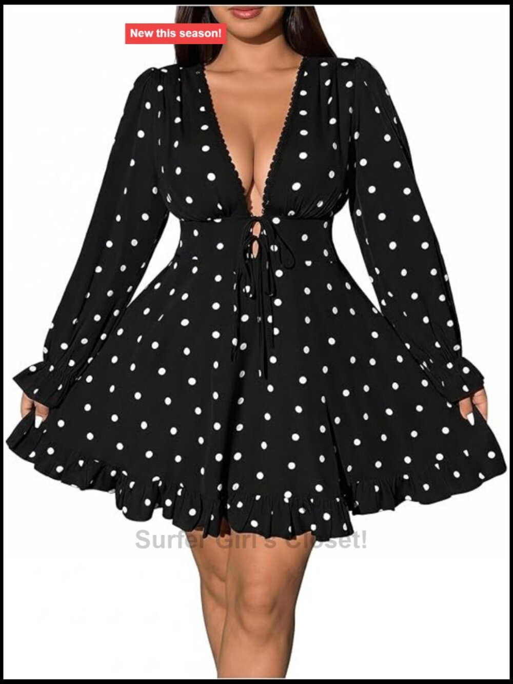 Floerns Plus Size Polka Dot Long Sleeve Deep V Mini Dress